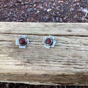 Sterling Silver, Coral Stud Cross Earrings
